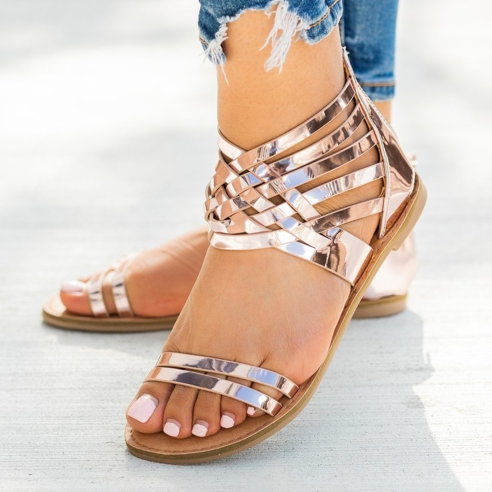 Rose Pink Metallic Strappy Gladiator Sandals Metallic Sandals - Picture 5 of 8